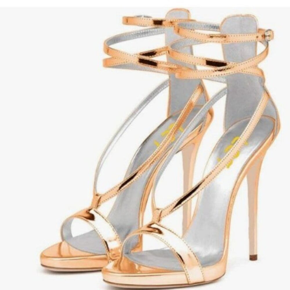 FSJ Moccasin Sexy Strappy Sandals for Women Open Toe Metallic High Heels Shoes